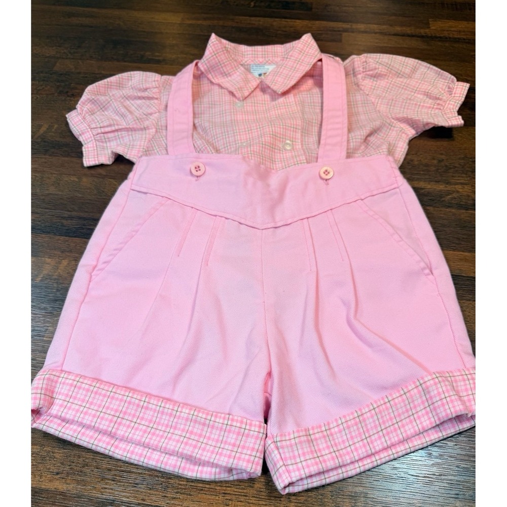 Vintage girls overall outfit.  Size 3T.  Pink plaid shirt w/ pink shorts.  Rare